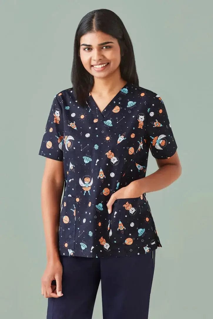 BizCare Women's Printed Space Party Scrub Top CST148LS